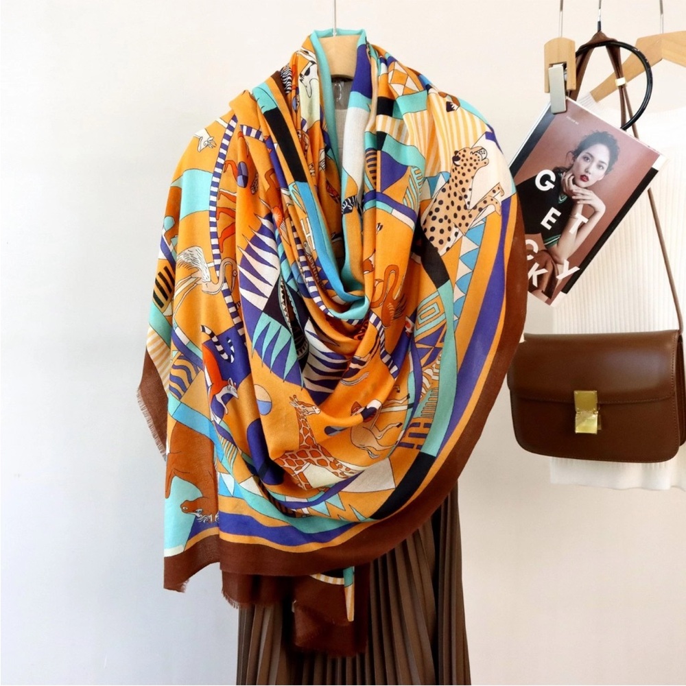Colorful Animal Print Scarf. Water soluble wool tiger pattern bright orange